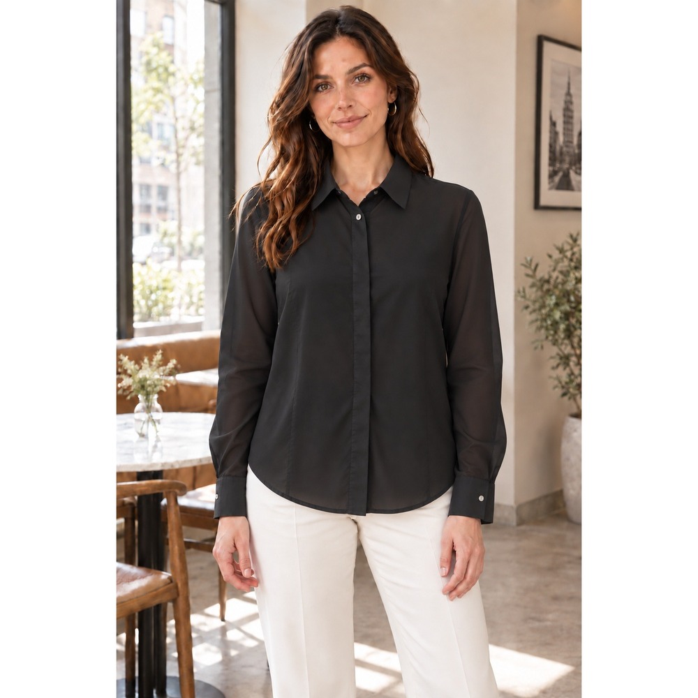 Calvin Klein Womens Black Long Sleeve Hidden Button Up Blouse Top Medium